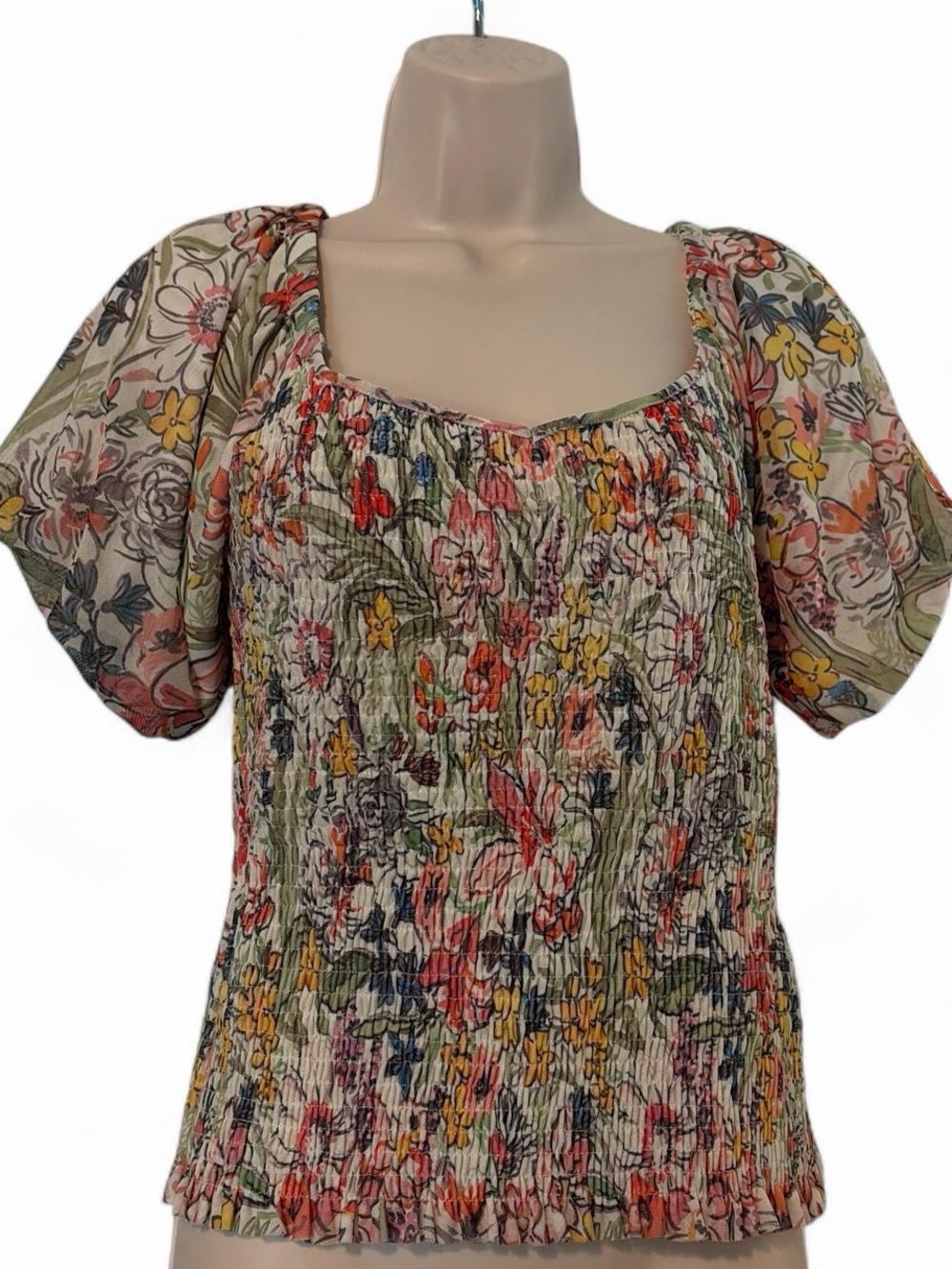 Anthropologie Floral Smocked Square-Neck Top - Cream, Green, Pink, Yellow